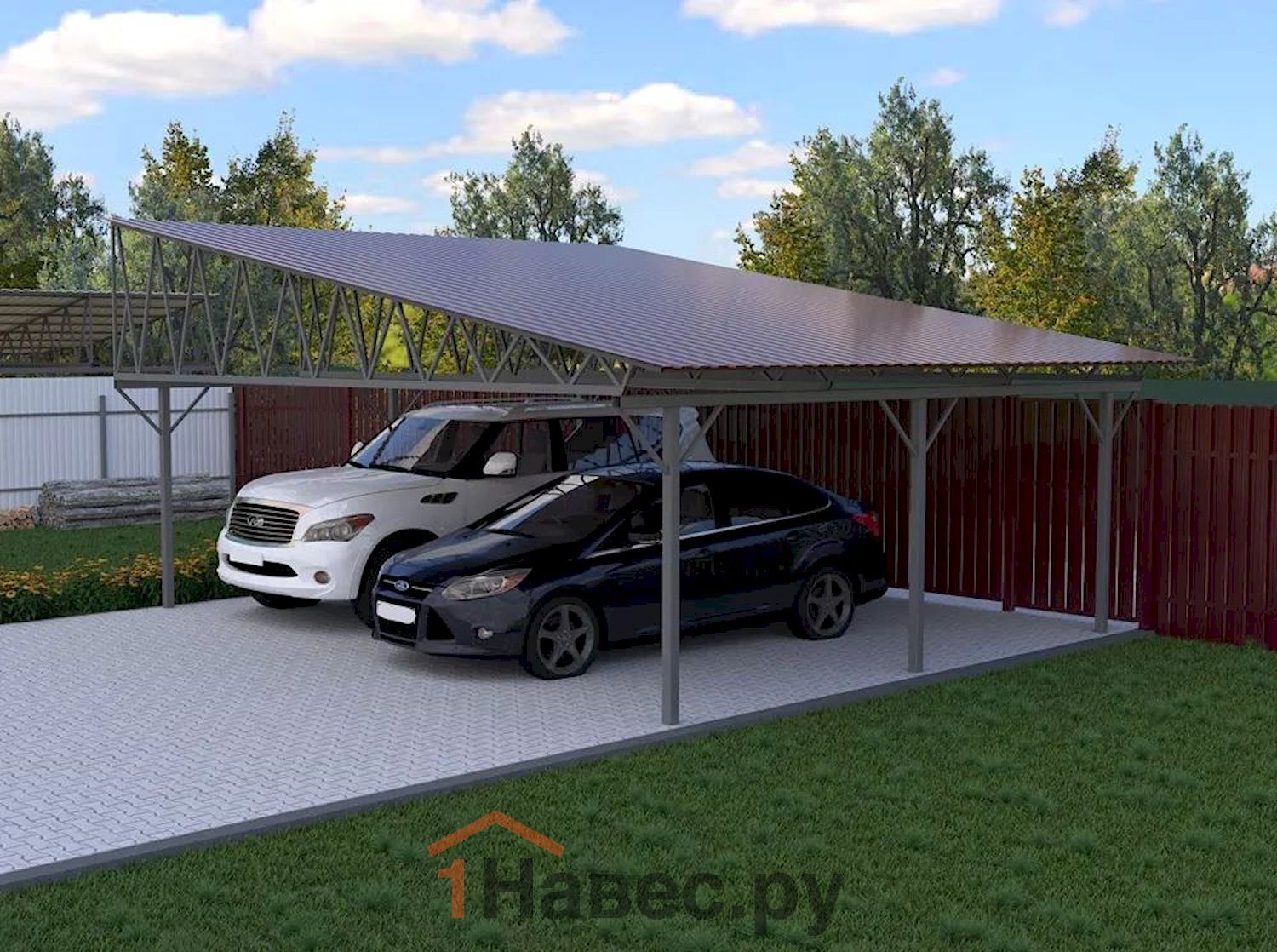 Односкатный навес из профнастила на 2 автомобиля